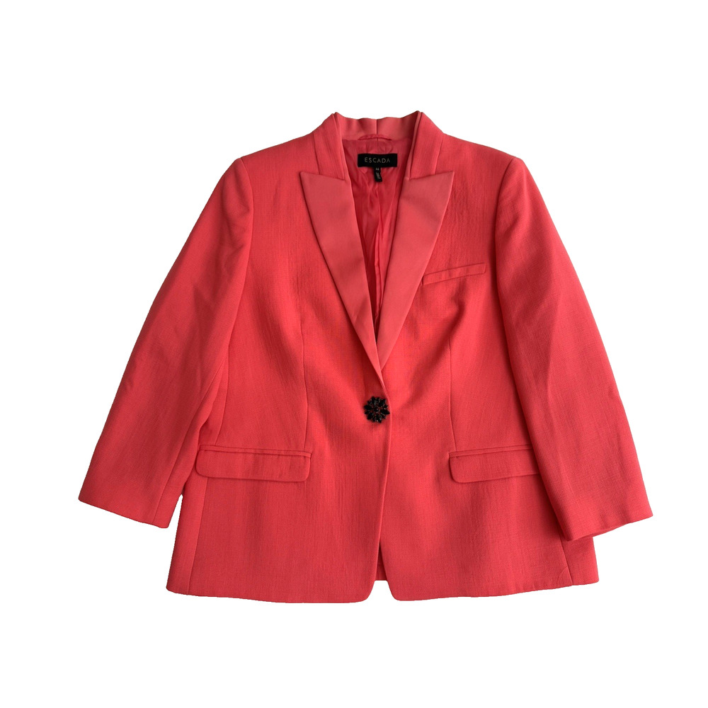 Escada Wool Blazer Women's 44 US 12-14 Pink Salmon Coral Broach-Button 5027092